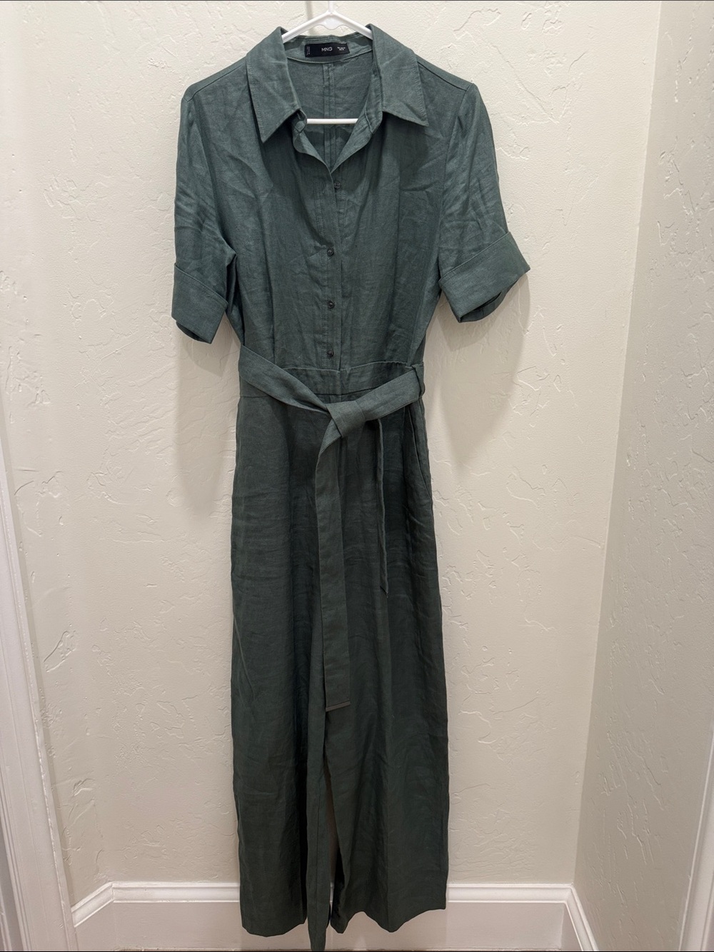 Mango MNG Sage Green Linen Belted Jumpsuit Size Medium